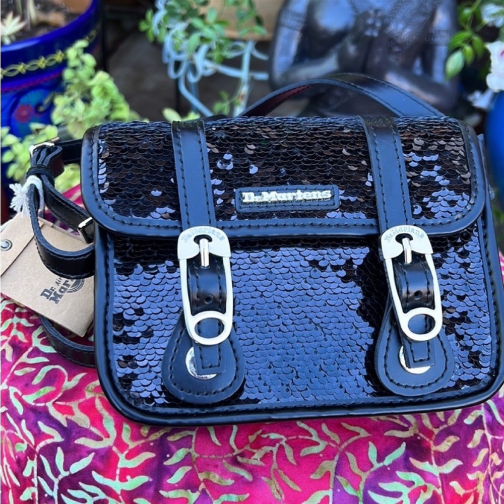 New Dr. Martens Color Shifting Black to Silver Sequin 7 Inch Crossbody Bag